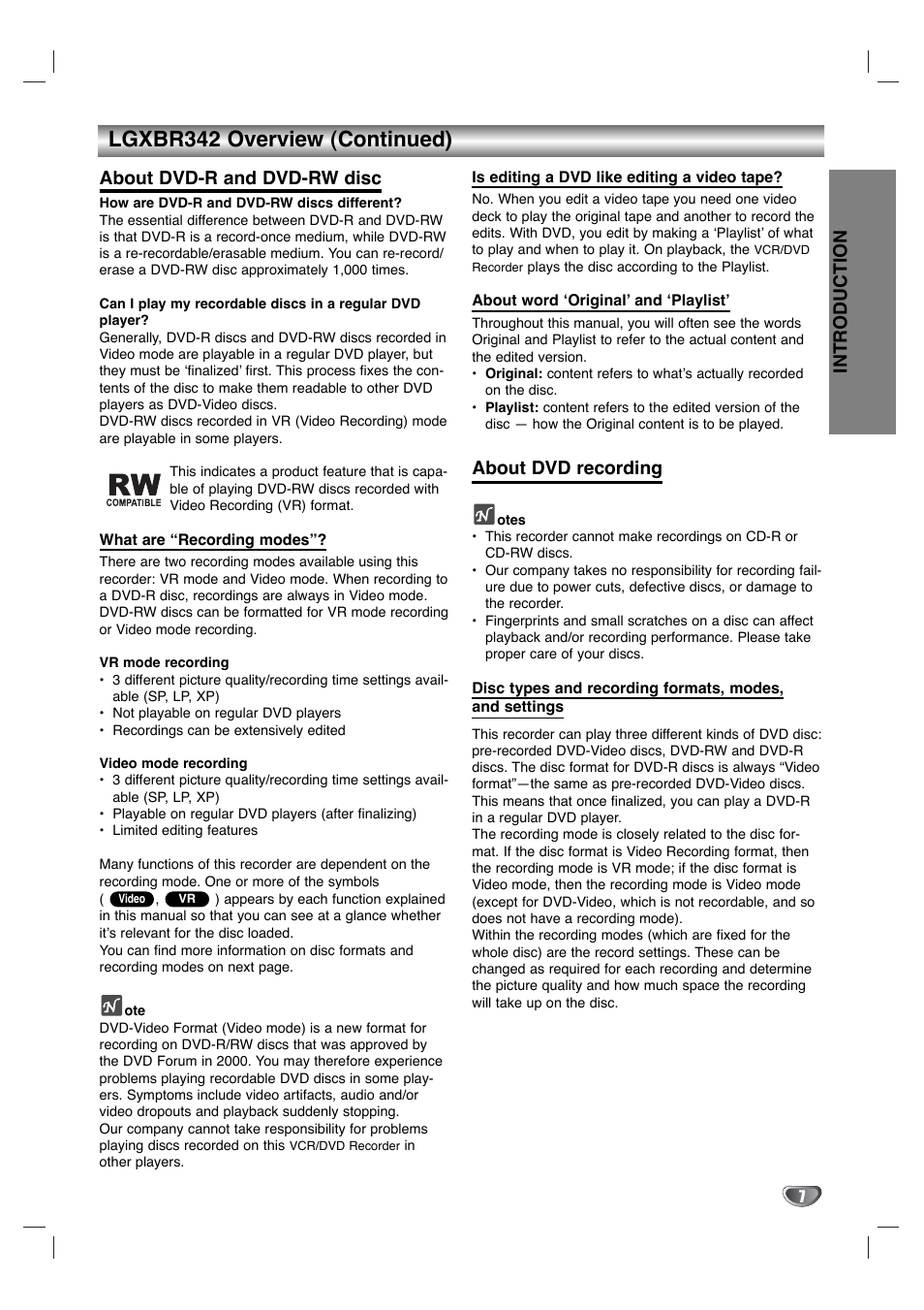 Lgxbr342 overview (continued), Introduction, About dvd-r and dvd-rw disc | About dvd recording | LG XBR342 User Manual | Page 7 / 48