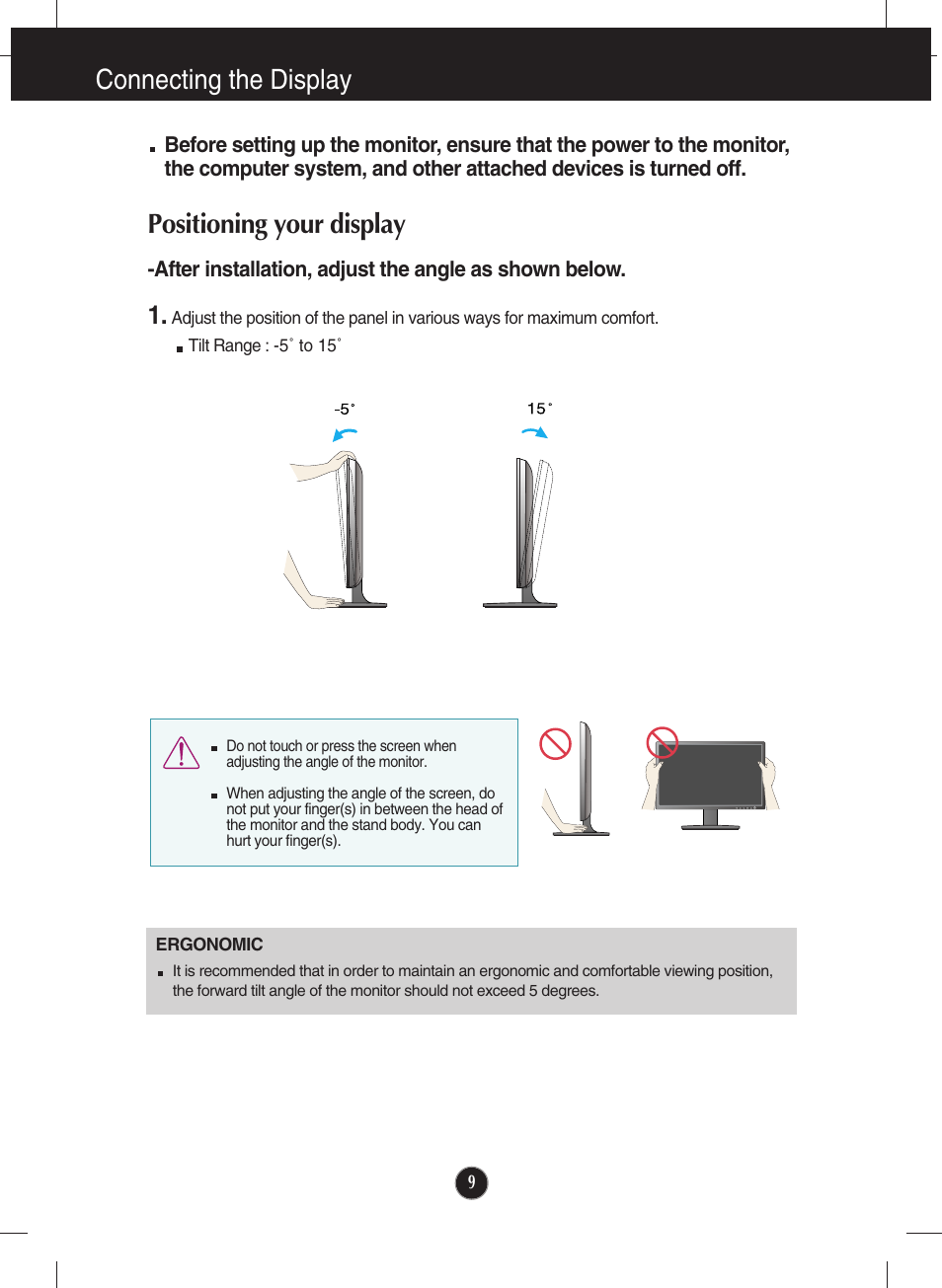 Positioning your display, Connecting the display | LG W2346S User Manual | Page 10 / 39