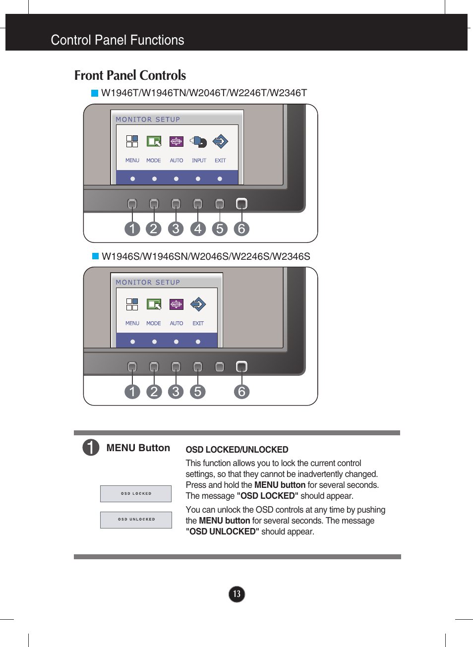Control panel functions, Front panel controls, Control panel functions front panel controls | LG W2346S User Manual | Page 14 / 39