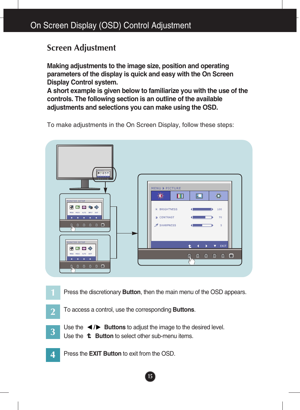 On screen display (osd) control adjustment, Screen adjustment | LG W2346S User Manual | Page 16 / 39