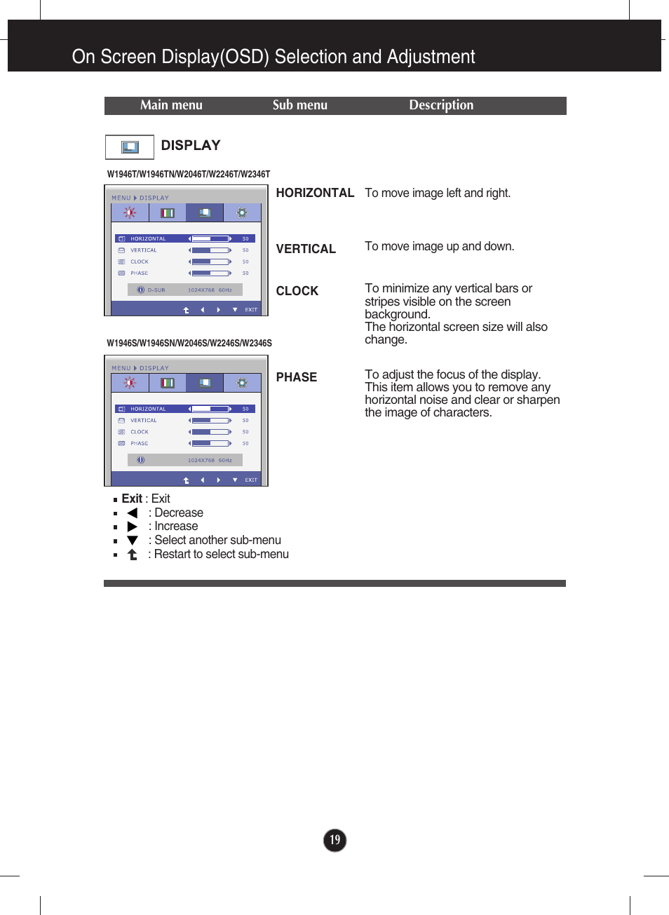 Display, On screen display(osd) selection and adjustment | LG W2346S User Manual | Page 20 / 39