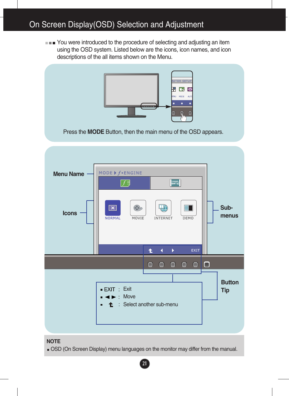 On screen display(osd) selection and adjustment | LG W2346S User Manual | Page 22 / 39