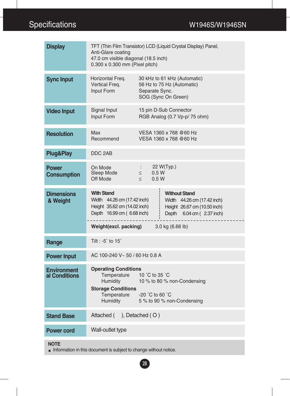 W1946s/w1946sn, Specifications | LG W2346S User Manual | Page 29 / 39