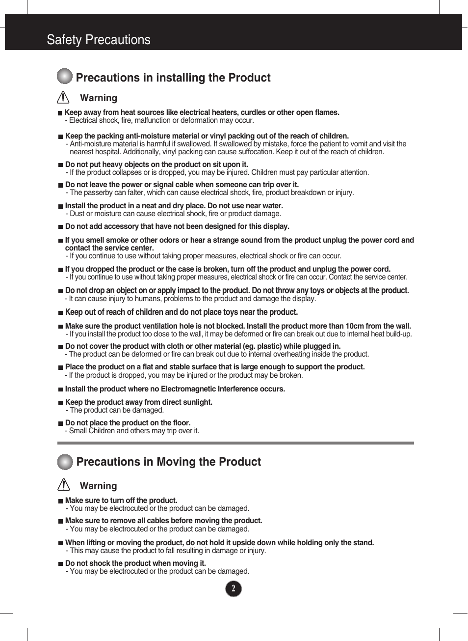 Precautions in installing the product, Precautions in moving the product, Safety precautions | LG W2346S User Manual | Page 3 / 39