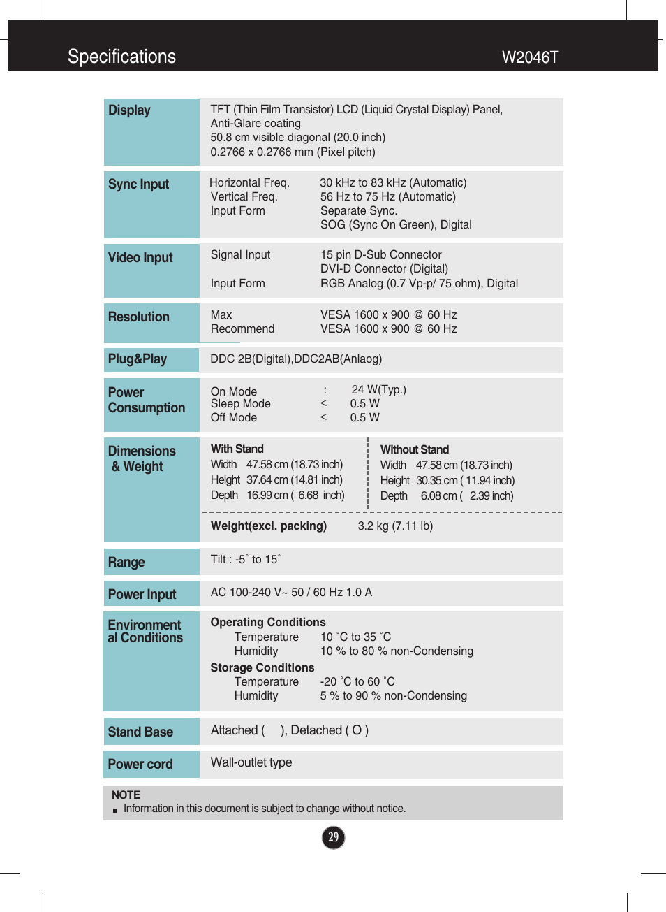 W2046t, Specifications | LG W2346S User Manual | Page 30 / 39