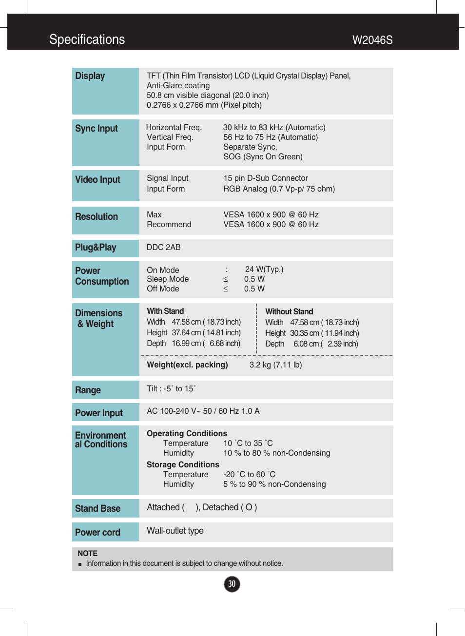 W2046s, Specifications | LG W2346S User Manual | Page 31 / 39