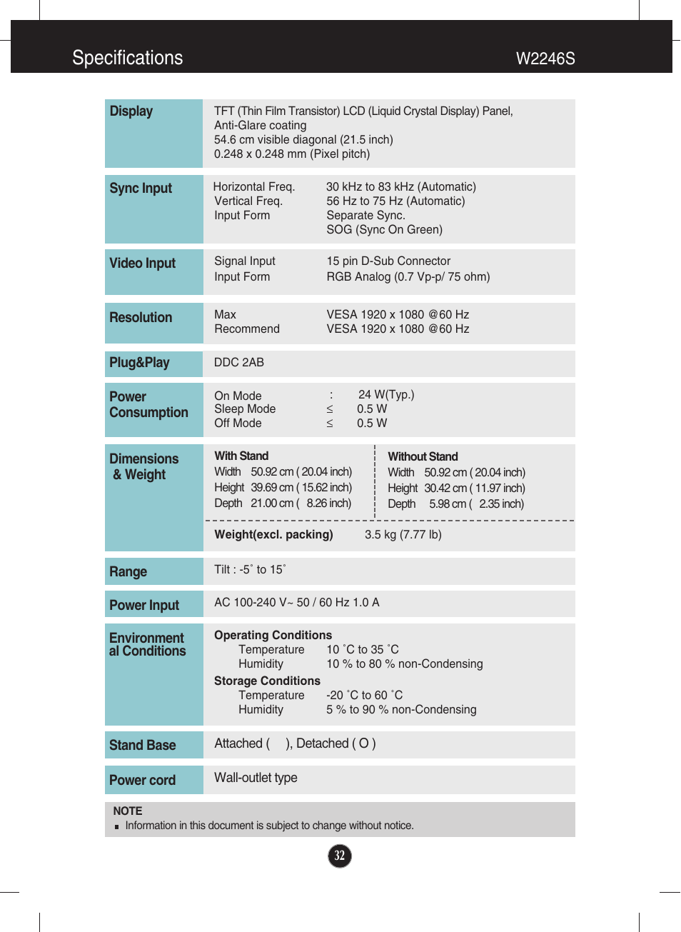 W2246s, Specifications | LG W2346S User Manual | Page 33 / 39