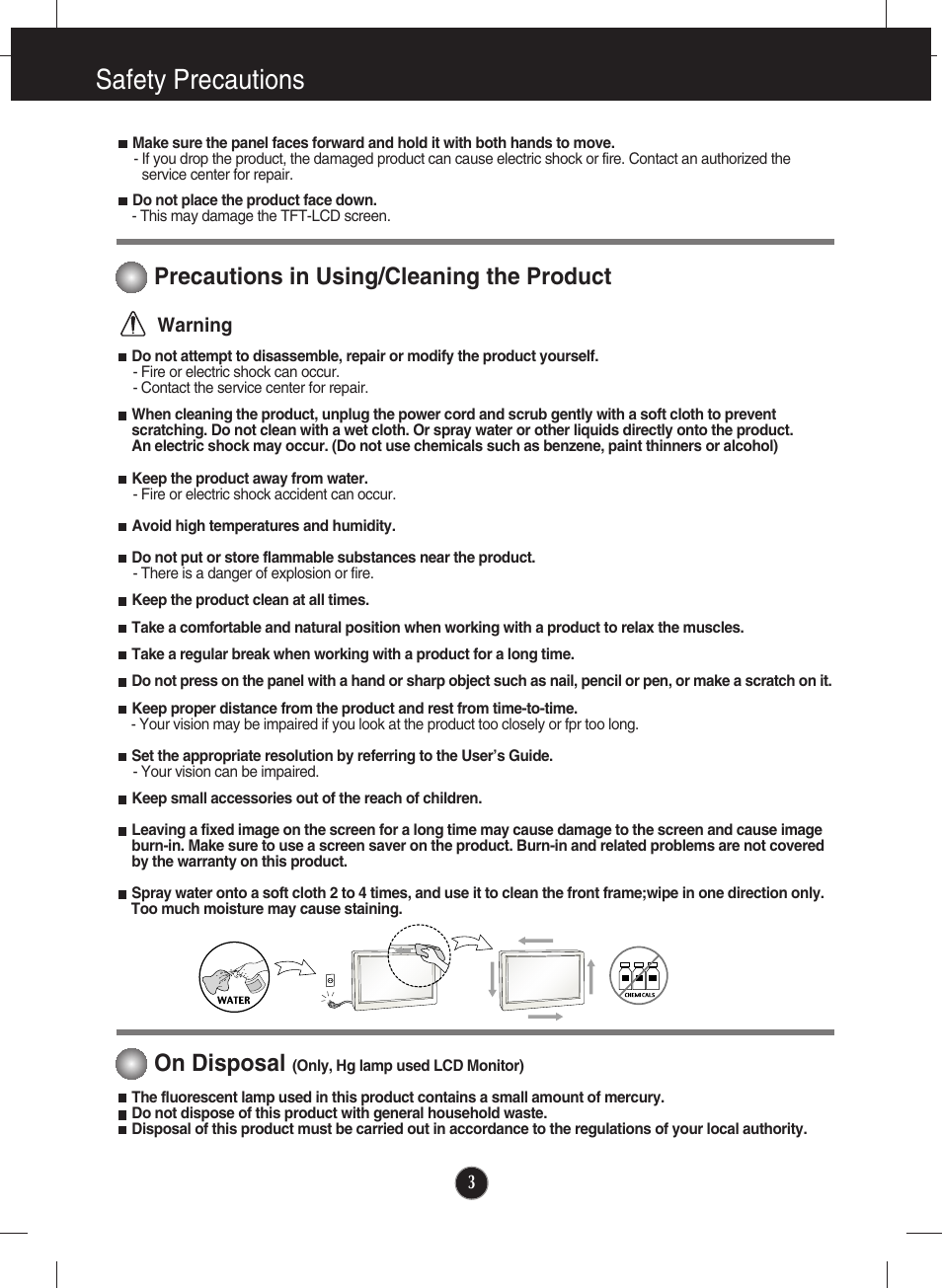 Precautions in using/cleaning the product, On disposal (only, hg lamp used lcd monitor), Safety precautions | On disposal | LG W2346S User Manual | Page 4 / 39