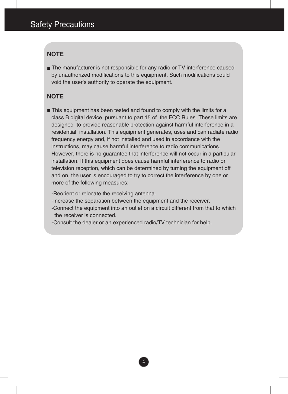 Safety precautions | LG W2346S User Manual | Page 5 / 39