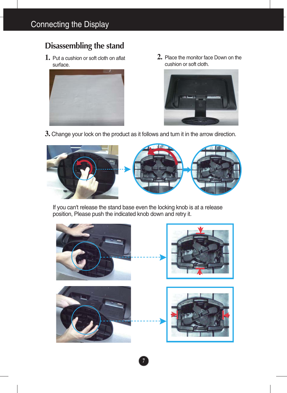 Disassembling the stand, Connecting the display | LG W2346S User Manual | Page 8 / 39