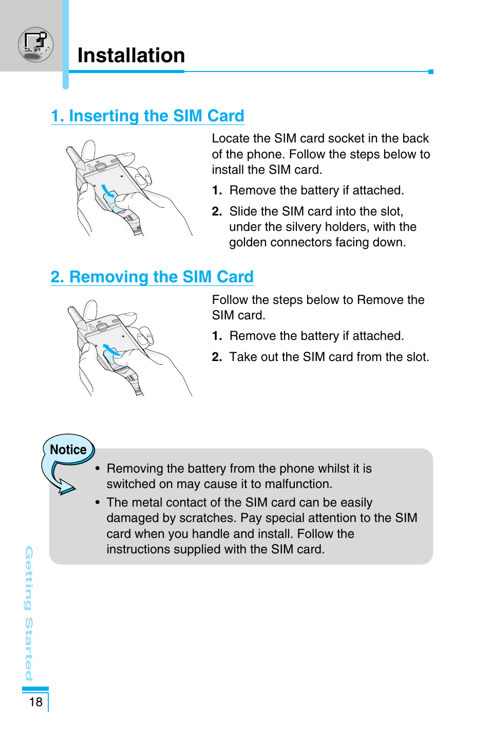 Installation, Inserting the sim card, Removing the sim card | LG C1100 User Manual | Page 18 / 90