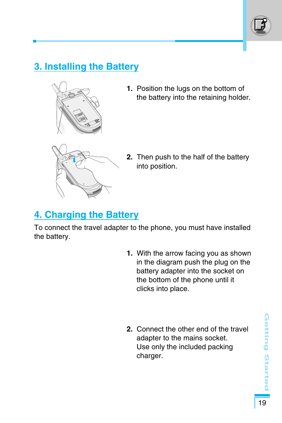 Installing the battery, Charging the battery | LG C1100 User Manual | Page 19 / 90