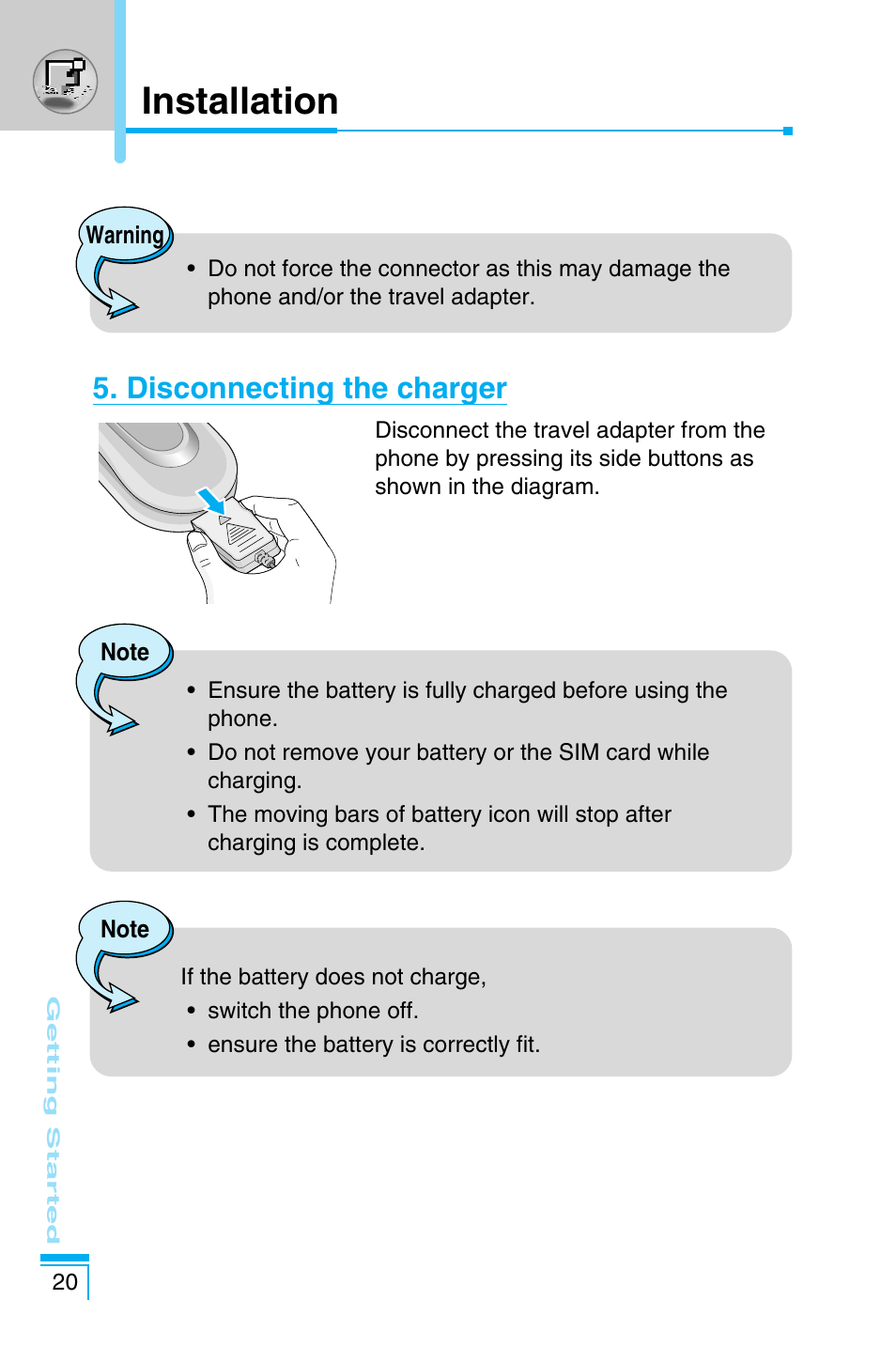 Installation, Disconnecting the charger | LG C1100 User Manual | Page 20 / 90