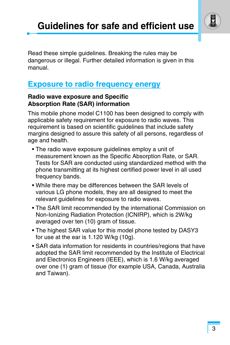 Guidelines for safe and efficient use, Exposure to radio frequency energy | LG C1100 User Manual | Page 3 / 90