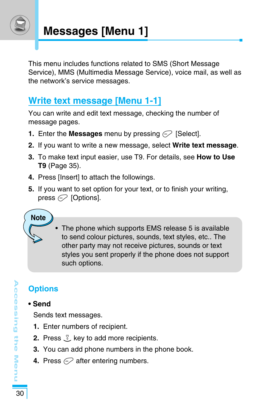 Messages [menu 1, Write text message [menu 1-1 | LG C1100 User Manual | Page 30 / 90