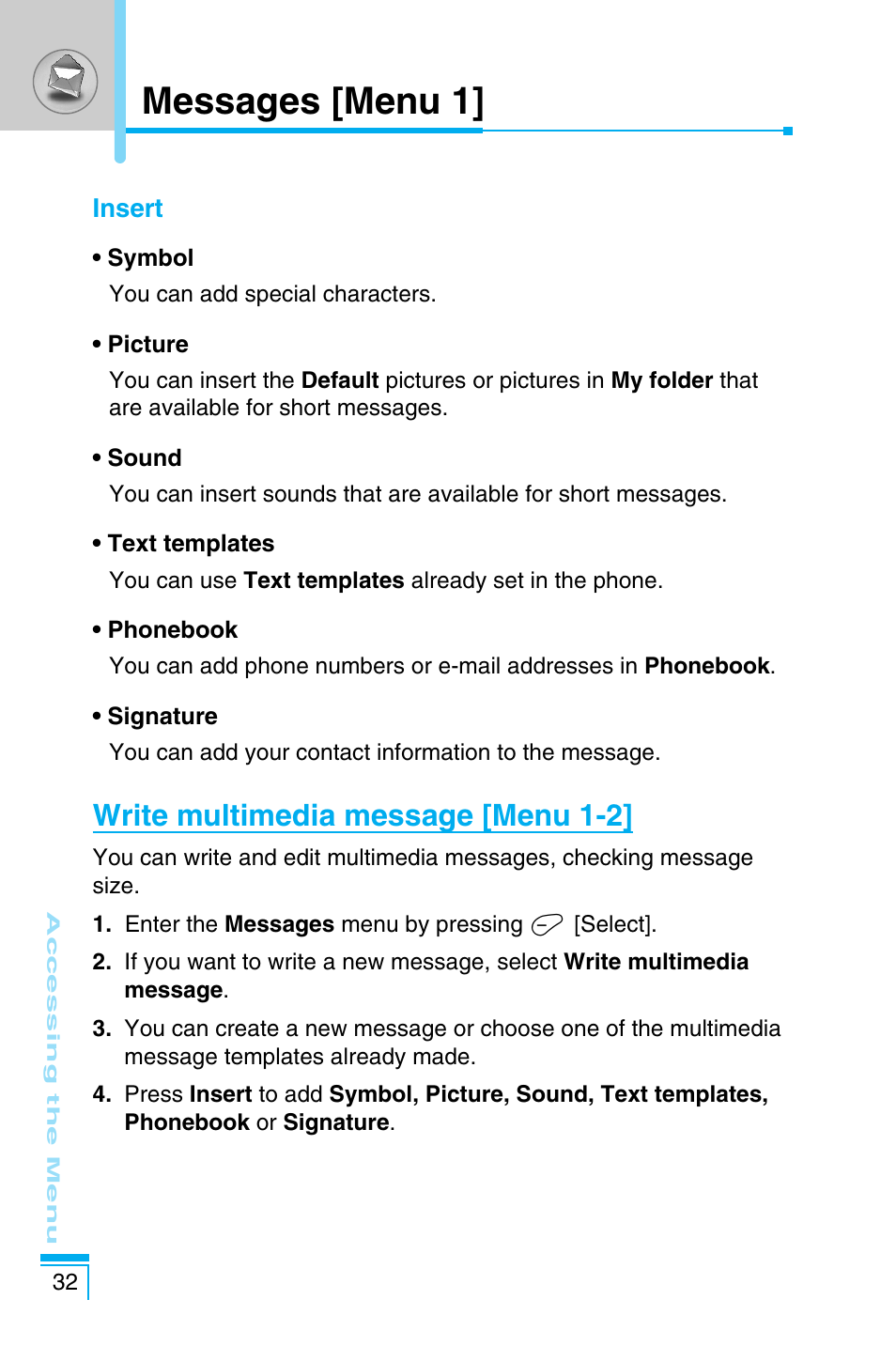 Messages [menu 1, Write multimedia message [menu 1-2 | LG C1100 User Manual | Page 32 / 90