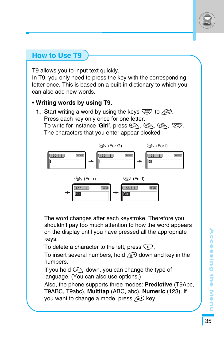 How to use t9 | LG C1100 User Manual | Page 35 / 90