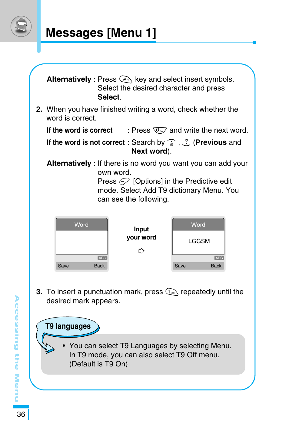 Messages [menu 1 | LG C1100 User Manual | Page 36 / 90