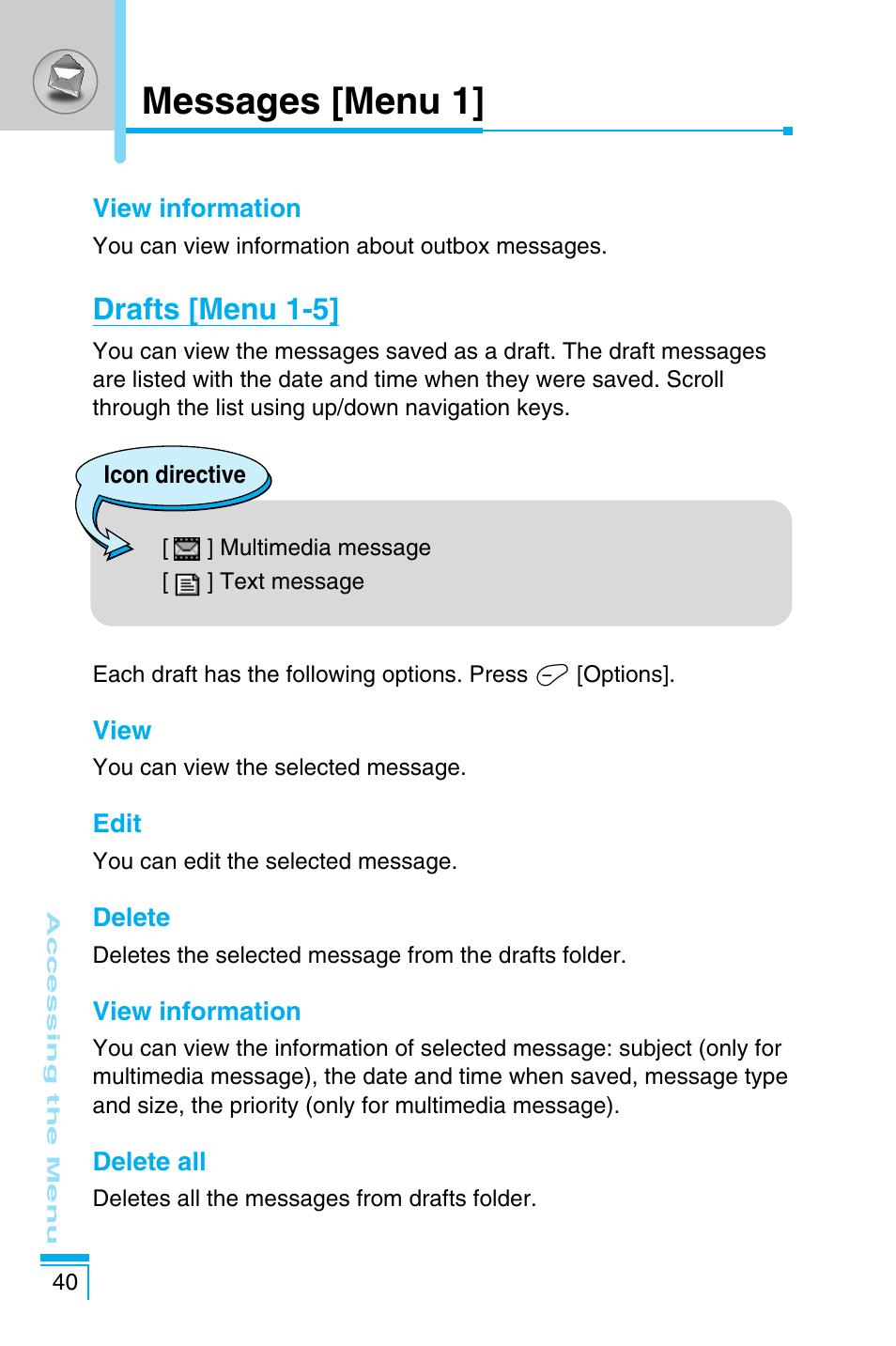 Messages [menu 1, Drafts [menu 1-5 | LG C1100 User Manual | Page 40 / 90