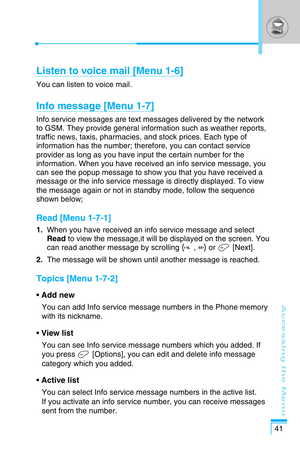 Listen to voice mail [menu 1-6, Info message [menu 1-7 | LG C1100 User Manual | Page 41 / 90