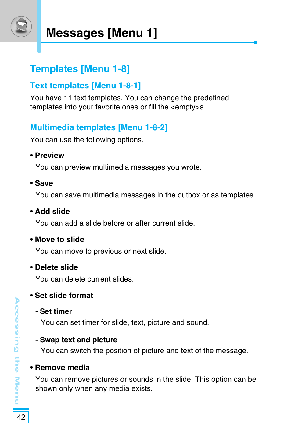 Messages [menu 1, Templates [menu 1-8 | LG C1100 User Manual | Page 42 / 90