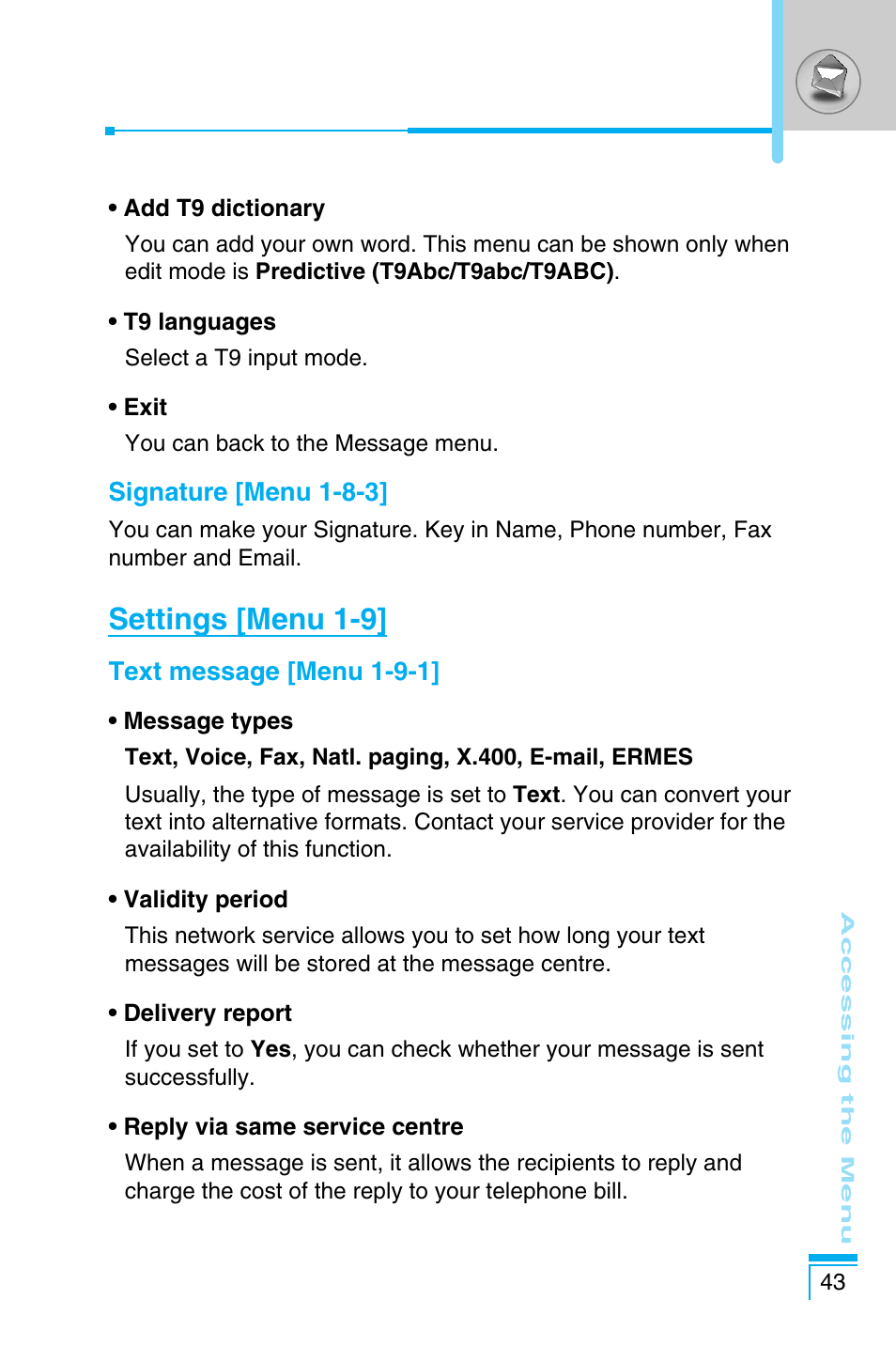 Settings [menu 1-9 | LG C1100 User Manual | Page 43 / 90