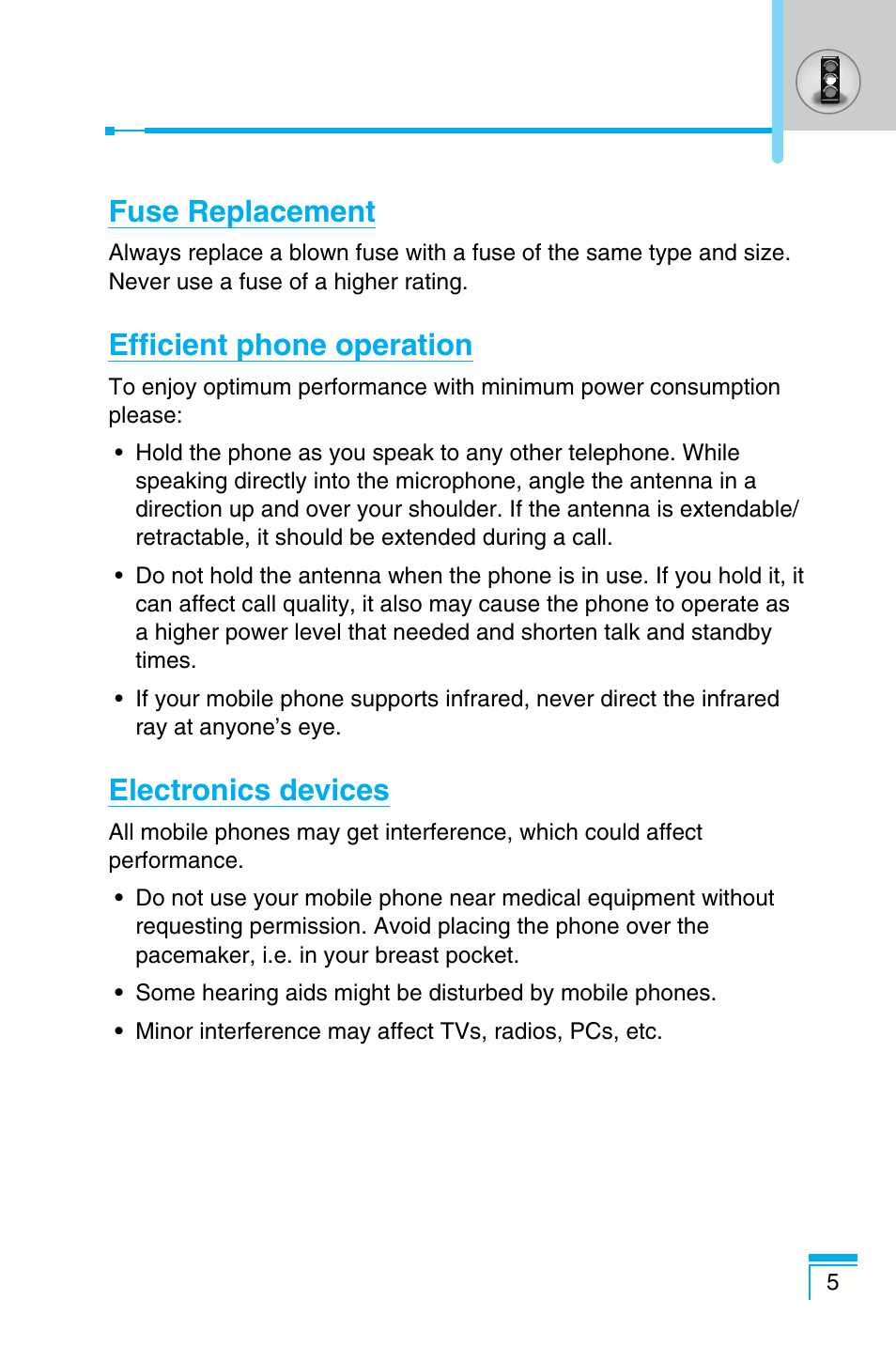 Fuse replacement, Efficient phone operation, Electronics devices | LG C1100 User Manual | Page 5 / 90