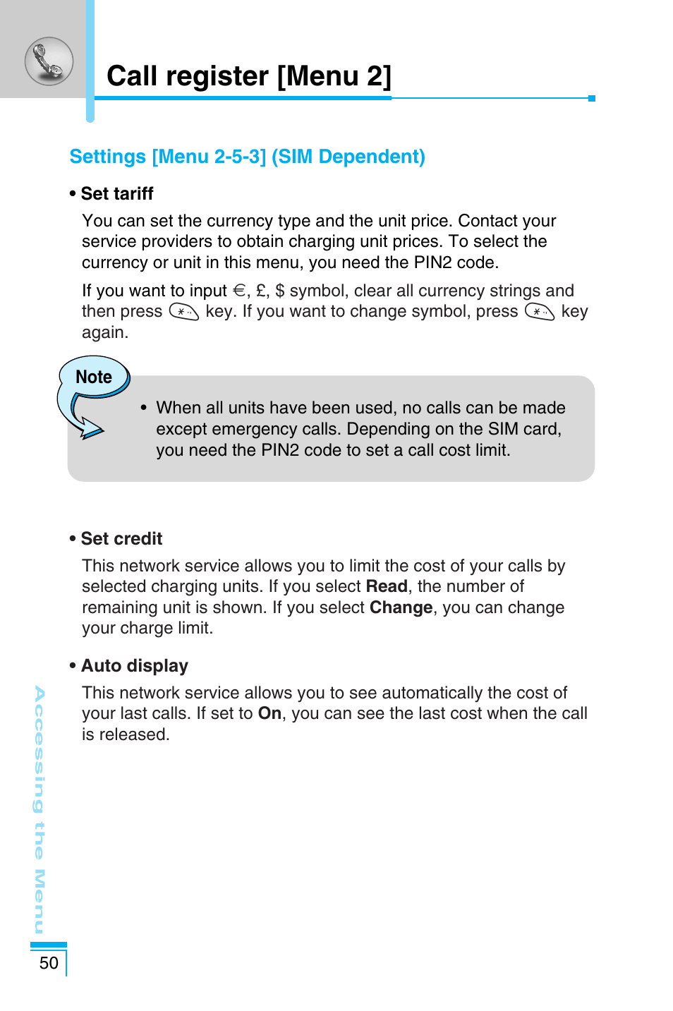 Call register [menu 2 | LG C1100 User Manual | Page 50 / 90
