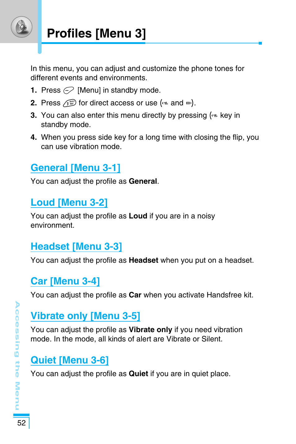 Profiles [menu 3, General [menu 3-1, Loud [menu 3-2 | Headset [menu 3-3, Car [menu 3-4, Vibrate only [menu 3-5, Quiet [menu 3-6 | LG C1100 User Manual | Page 52 / 90