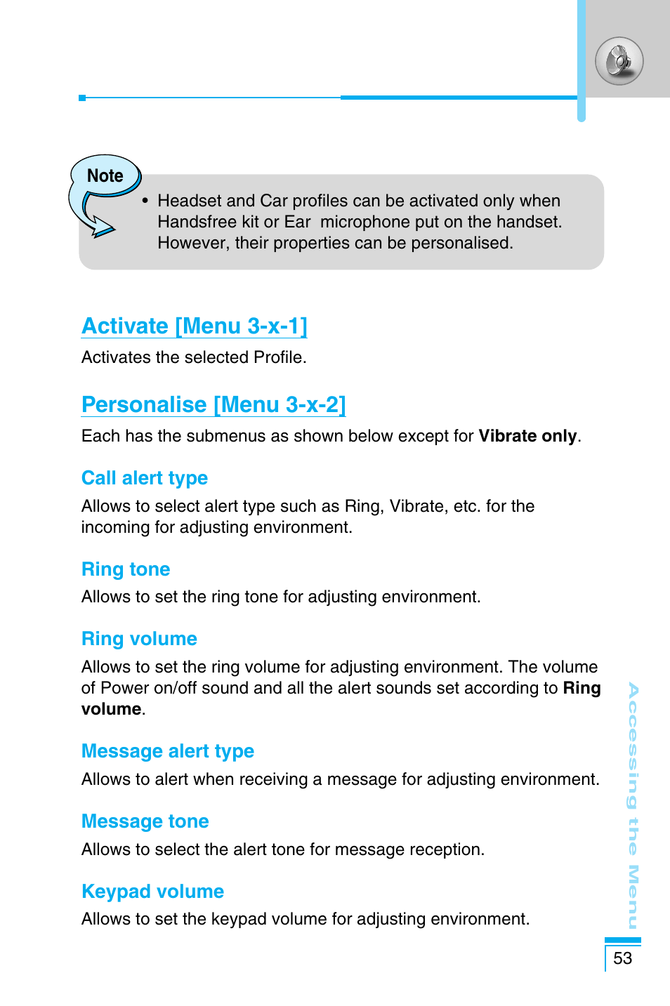 Activate [menu 3-x-1, Personalise [menu 3-x-2 | LG C1100 User Manual | Page 53 / 90