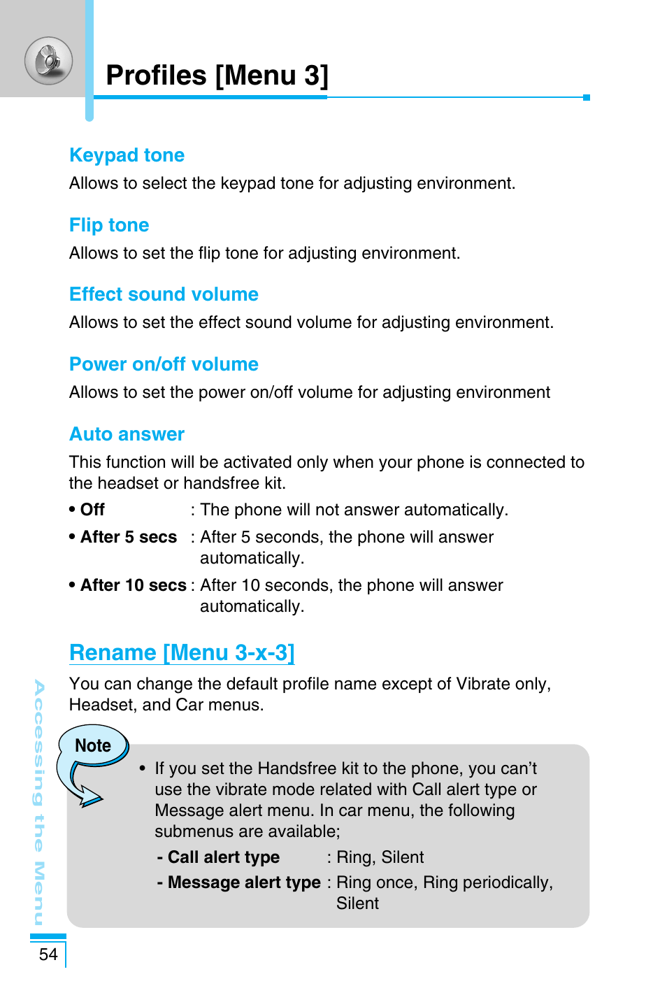 Profiles [menu 3, Rename [menu 3-x-3 | LG C1100 User Manual | Page 54 / 90