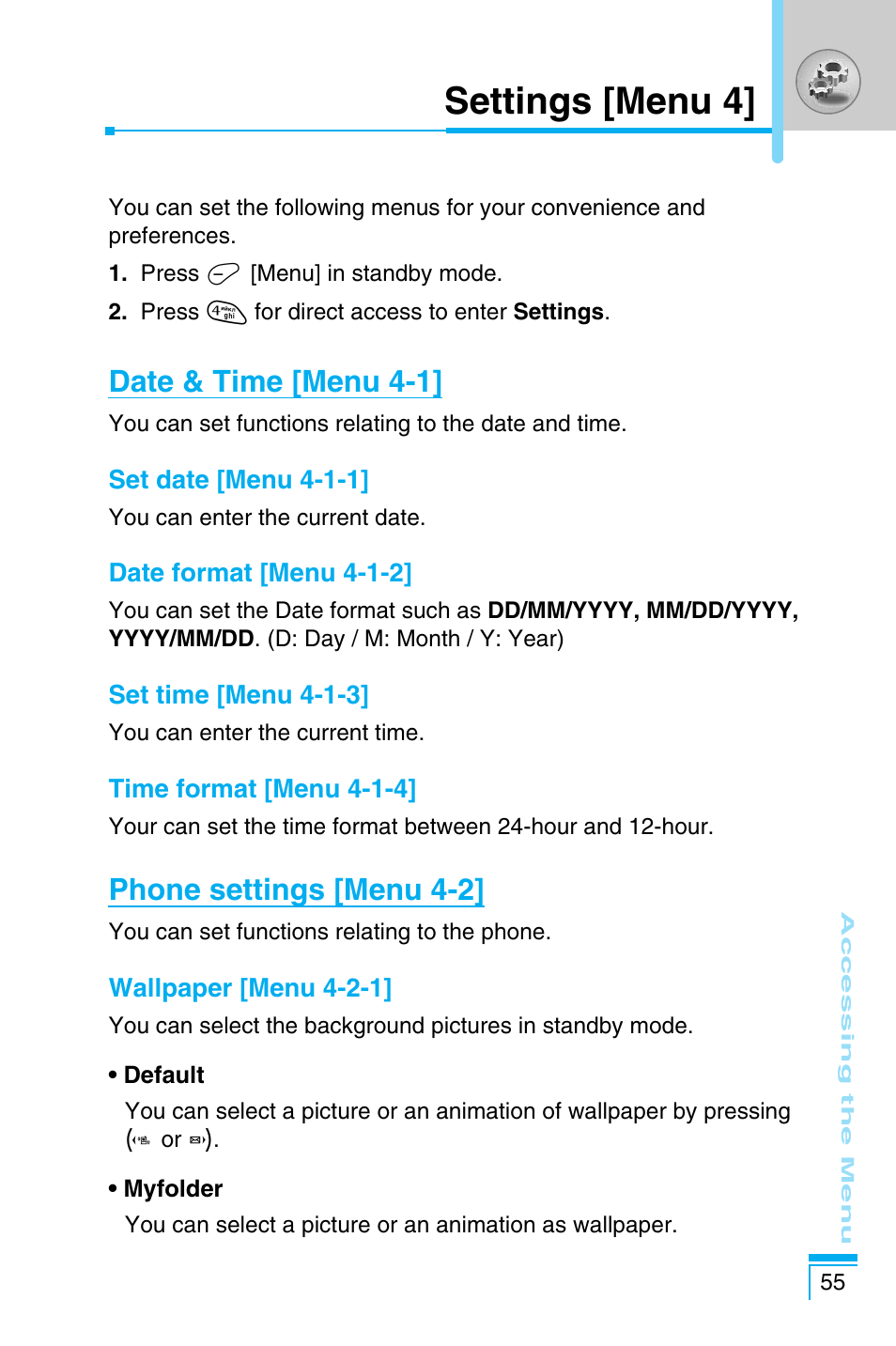 Settings [menu 4, Date & time [menu 4-1, Phone settings [menu 4-2 | LG C1100 User Manual | Page 55 / 90