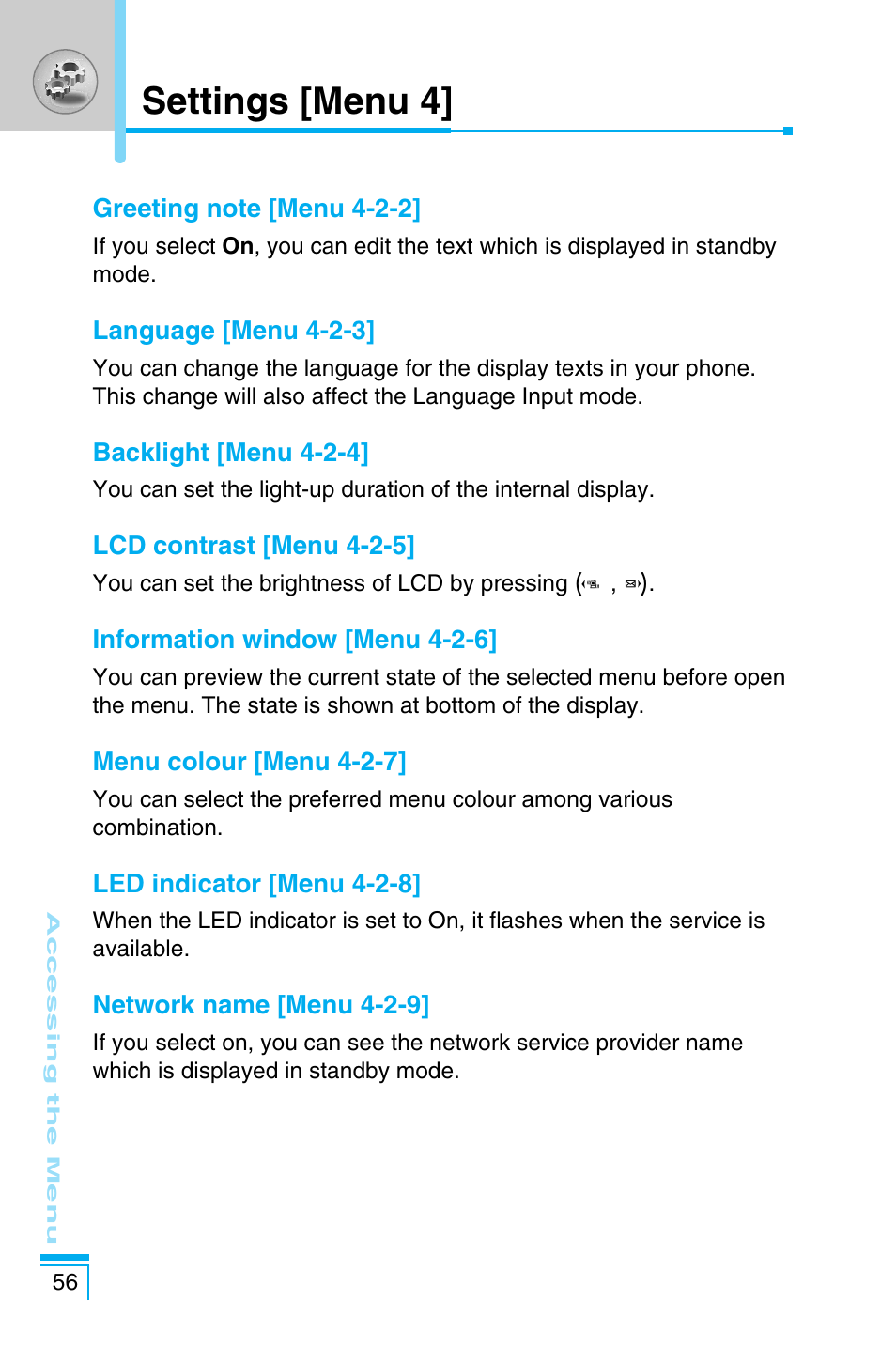 Settings [menu 4 | LG C1100 User Manual | Page 56 / 90