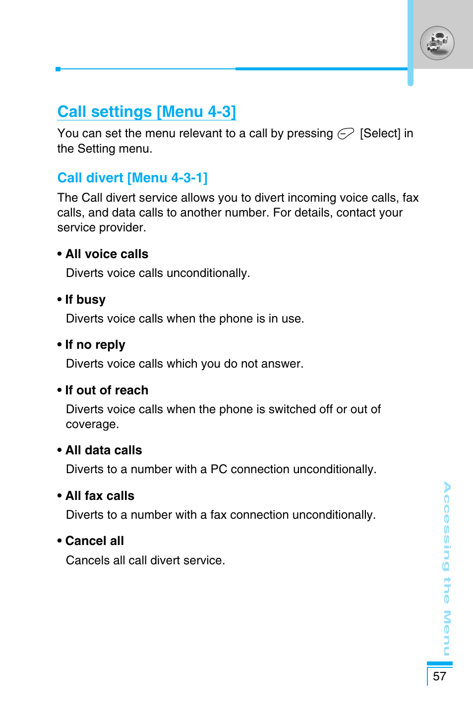 Call settings [menu 4-3 | LG C1100 User Manual | Page 57 / 90