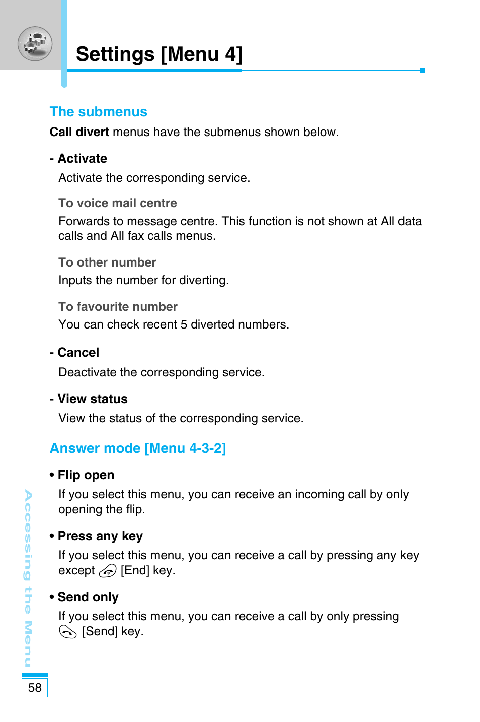 Settings [menu 4 | LG C1100 User Manual | Page 58 / 90