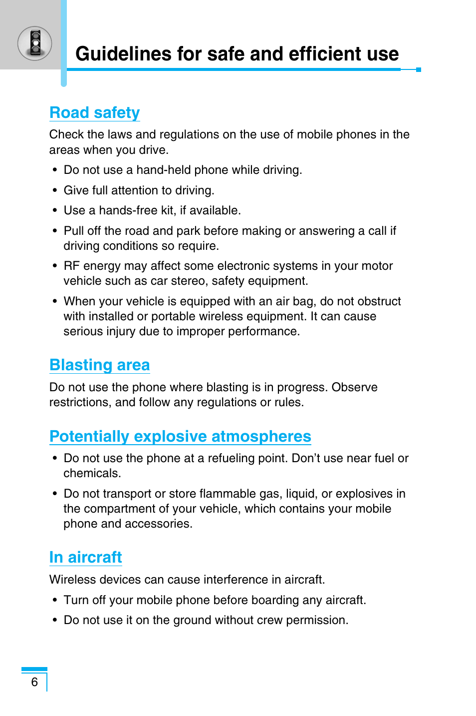 Guidelines for safe and efficient use, Road safety, Blasting area | Potentially explosive atmospheres | LG C1100 User Manual | Page 6 / 90