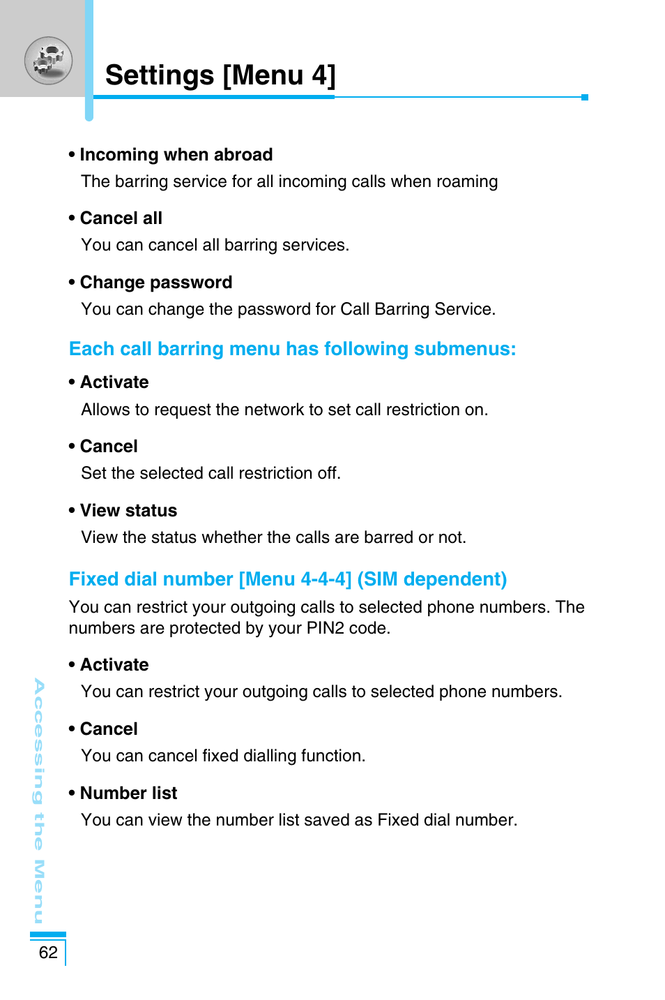 Settings [menu 4 | LG C1100 User Manual | Page 62 / 90
