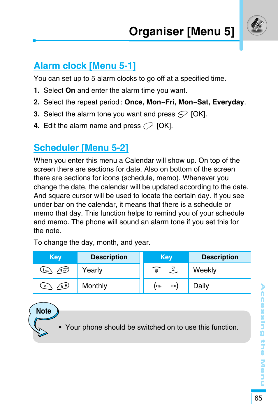 Organiser [menu 5, Alarm clock [menu 5-1, Scheduler [menu 5-2 | LG C1100 User Manual | Page 65 / 90