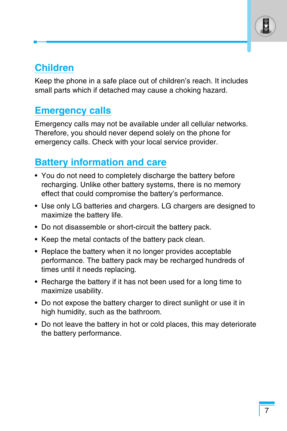 Children, Emergency calls, Battery information and care | LG C1100 User Manual | Page 7 / 90