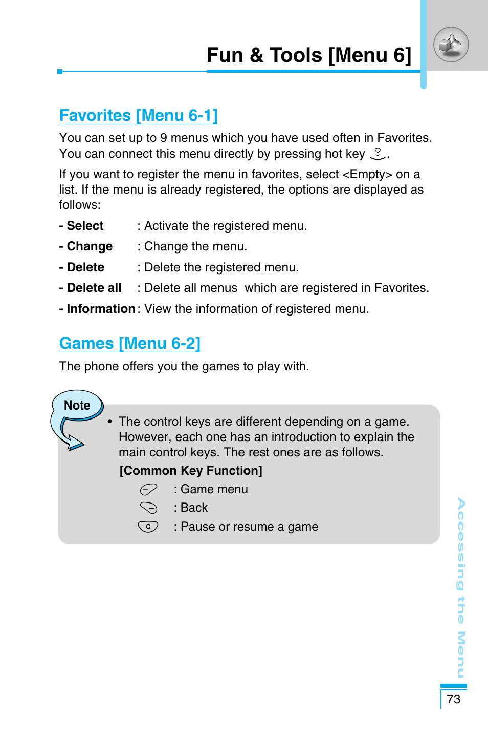 Fun & tools [menu 6, Favorites [menu 6-1, Games [menu 6-2 | LG C1100 User Manual | Page 73 / 90