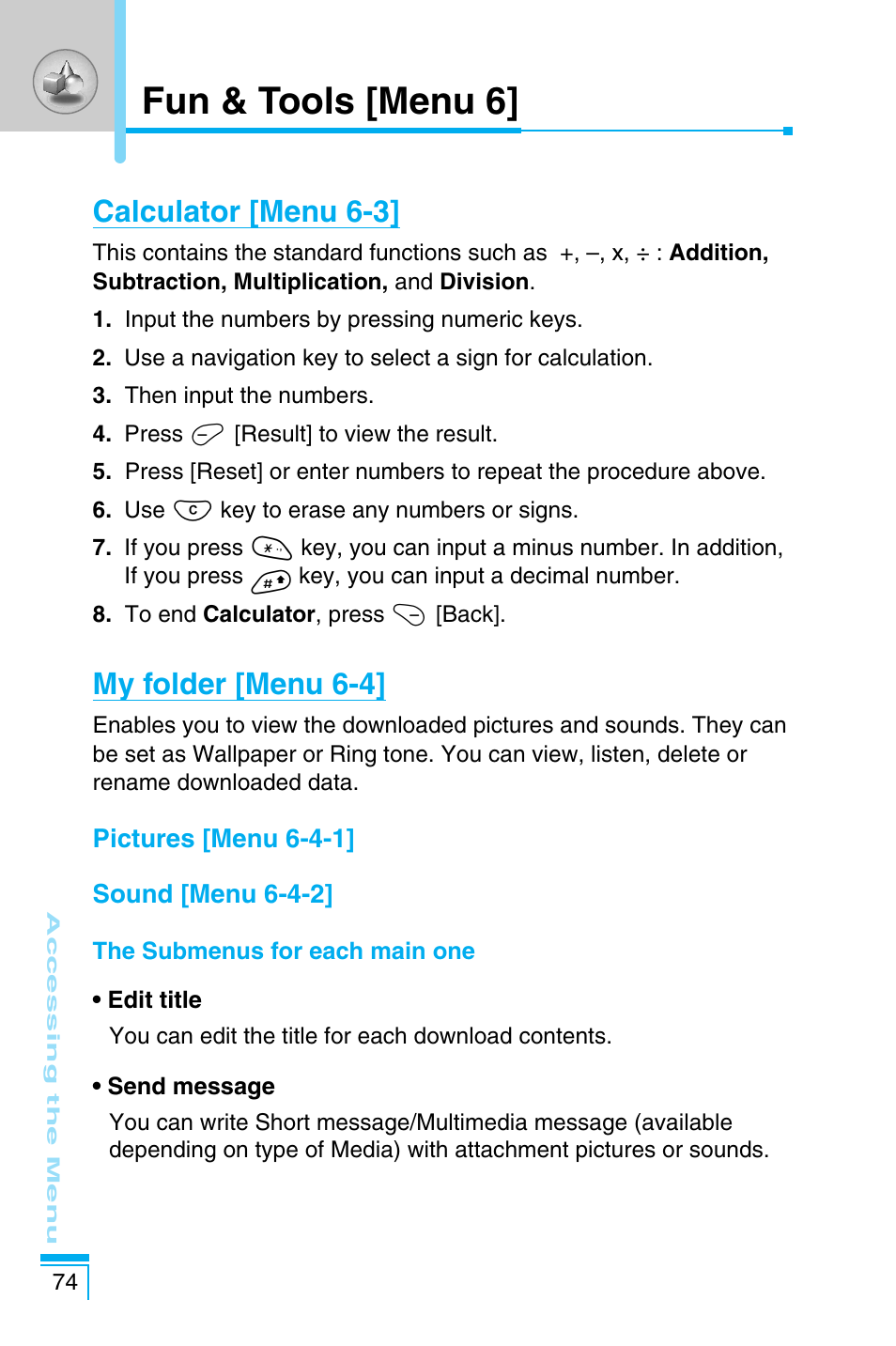 Fun & tools [menu 6, Calculator [menu 6-3, My folder [menu 6-4 | LG C1100 User Manual | Page 74 / 90