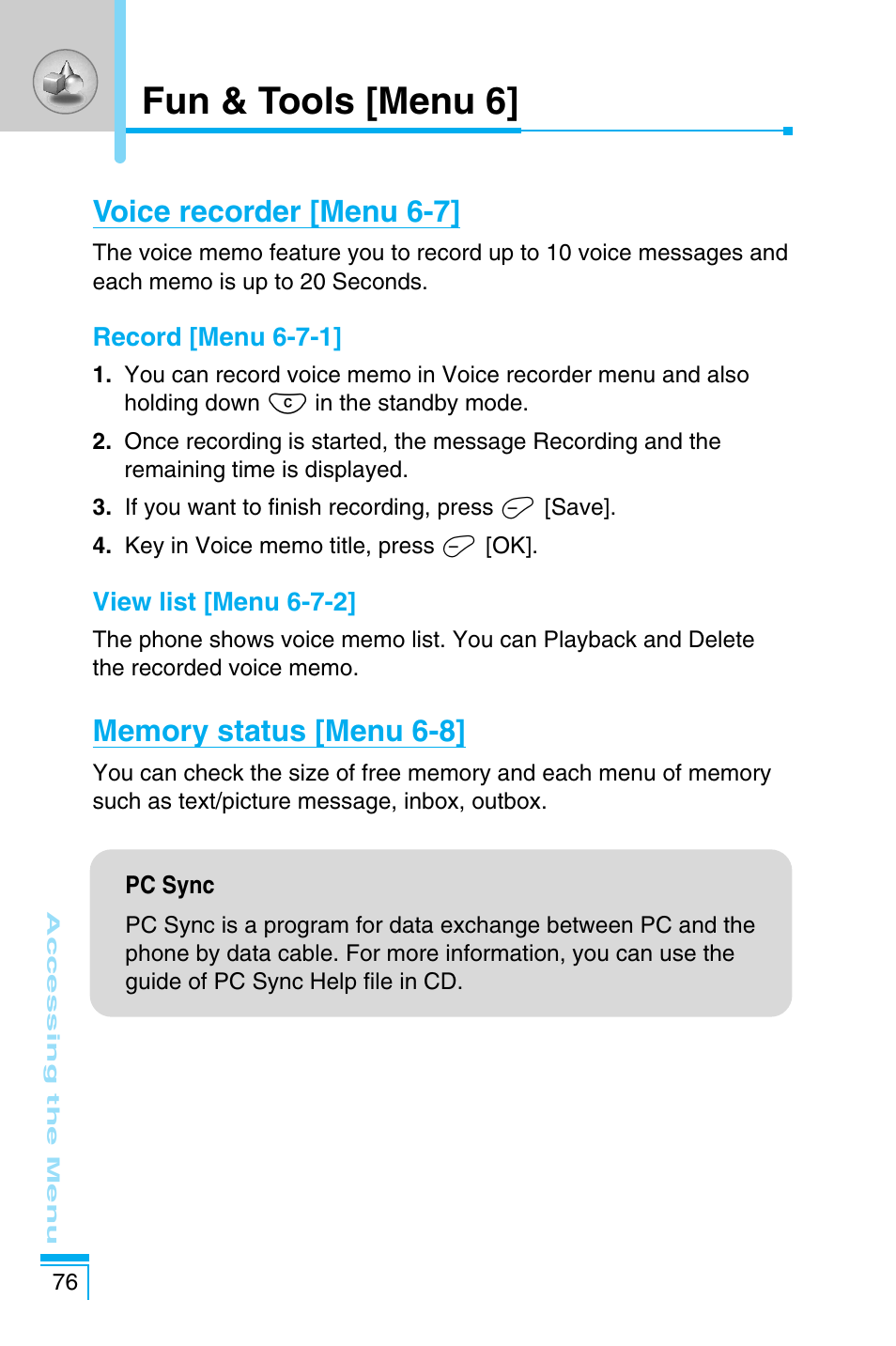 Fun & tools [menu 6, Voice recorder [menu 6-7 | LG C1100 User Manual | Page 76 / 90