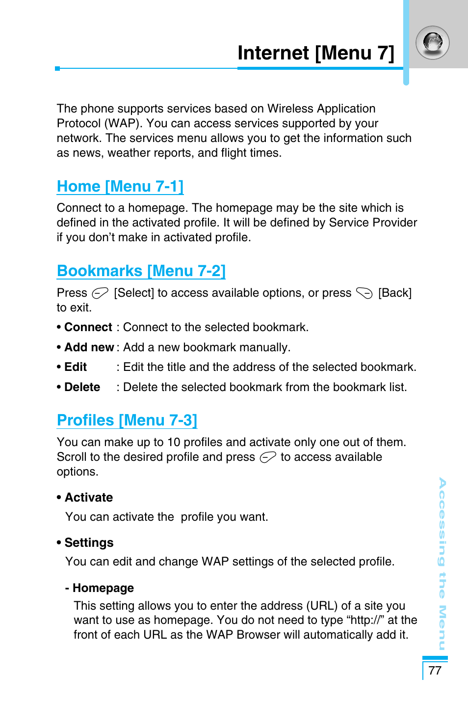 Internet [menu 7, Home [menu 7-1, Bookmarks [menu 7-2 | Profiles [menu 7-3 | LG C1100 User Manual | Page 77 / 90