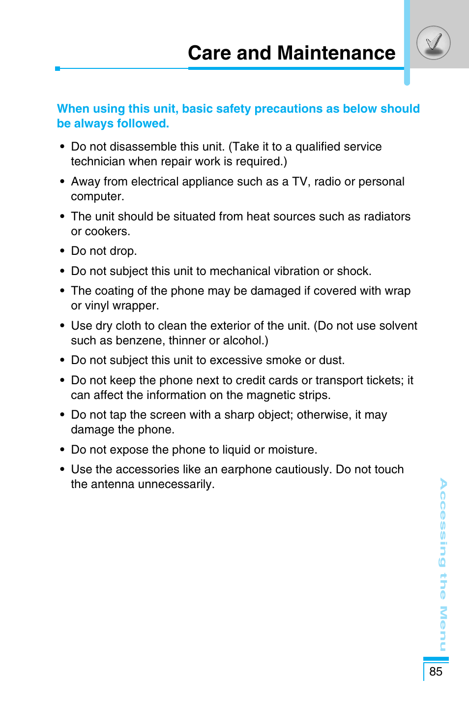 Care and maintenance | LG C1100 User Manual | Page 85 / 90