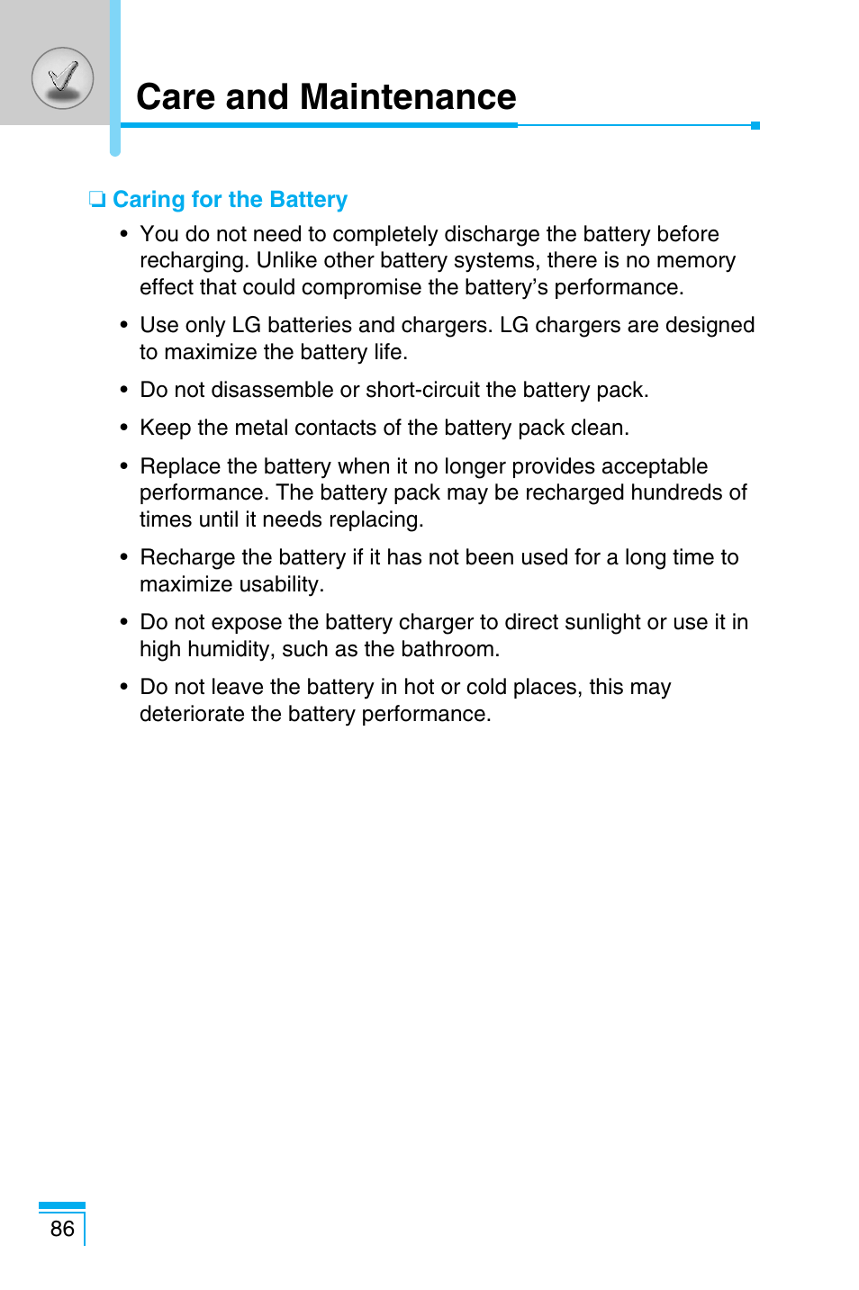 Care and maintenance | LG C1100 User Manual | Page 86 / 90