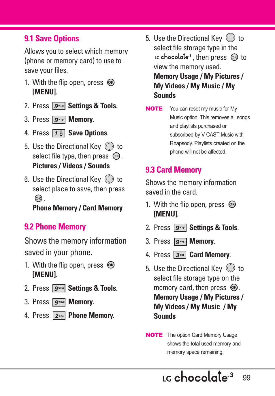 1 save options, 2 phone memory, 3 card memory | LG Chocolate 3 User Manual | Page 101 / 288