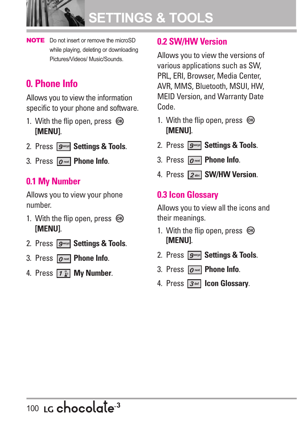 Phone info, 1 my number, 2 sw/hw version | 3 icon glossary, Settings & tools | LG Chocolate 3 User Manual | Page 102 / 288