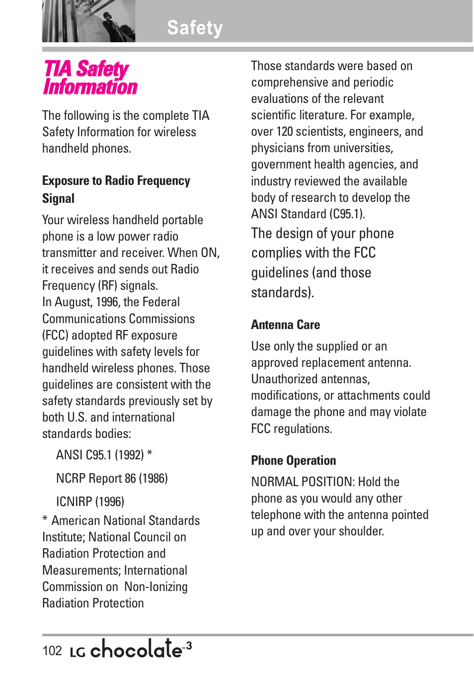 Safety, Tia safety information, Exposure to radio frequency | Antenna care, Phone operation, Exposure to radio frequency signal | LG Chocolate 3 User Manual | Page 104 / 288