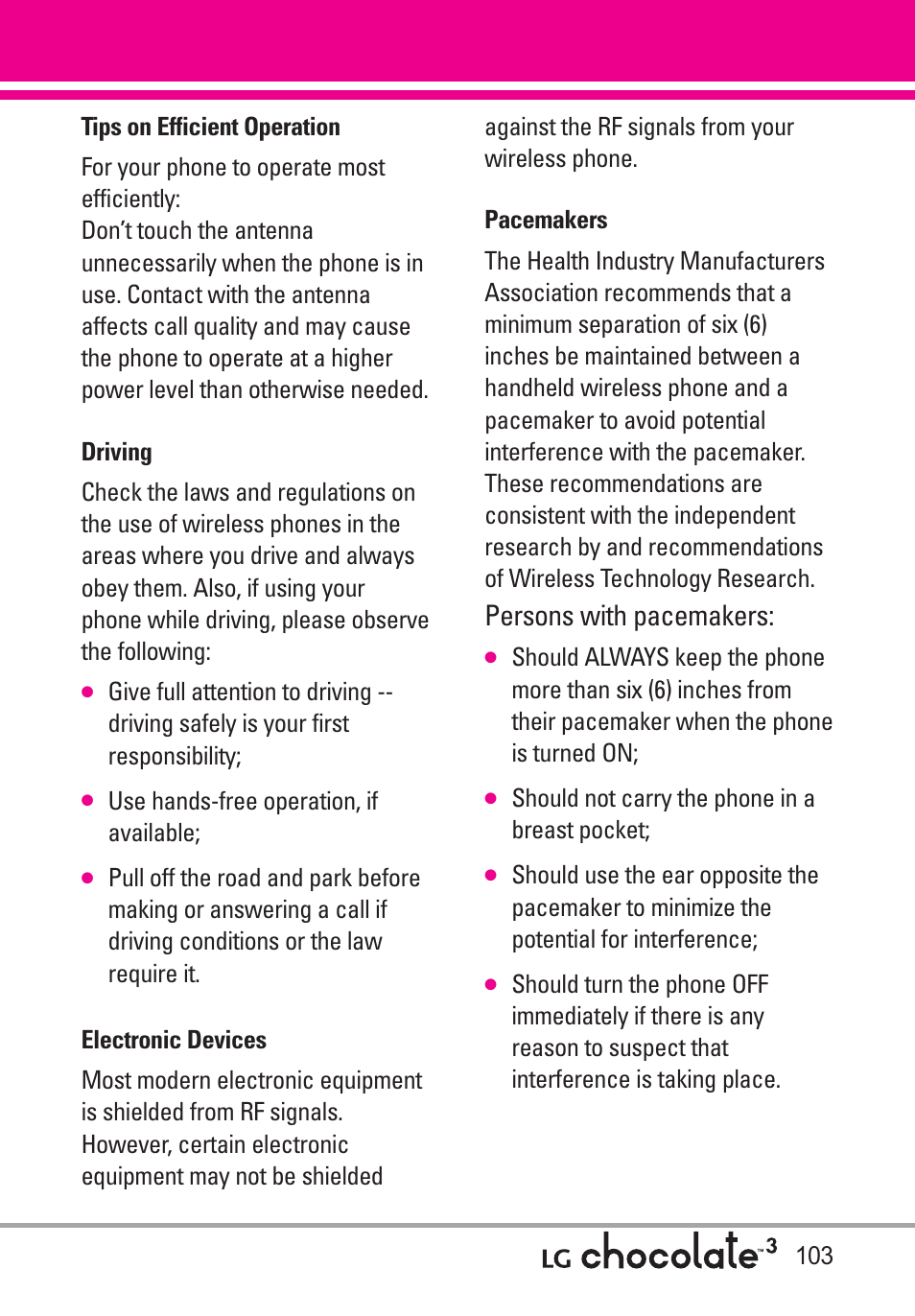 Tips on efficient operation, Driving, Electronic devices | Pacemakers, Persons with pacemakers | LG Chocolate 3 User Manual | Page 105 / 288