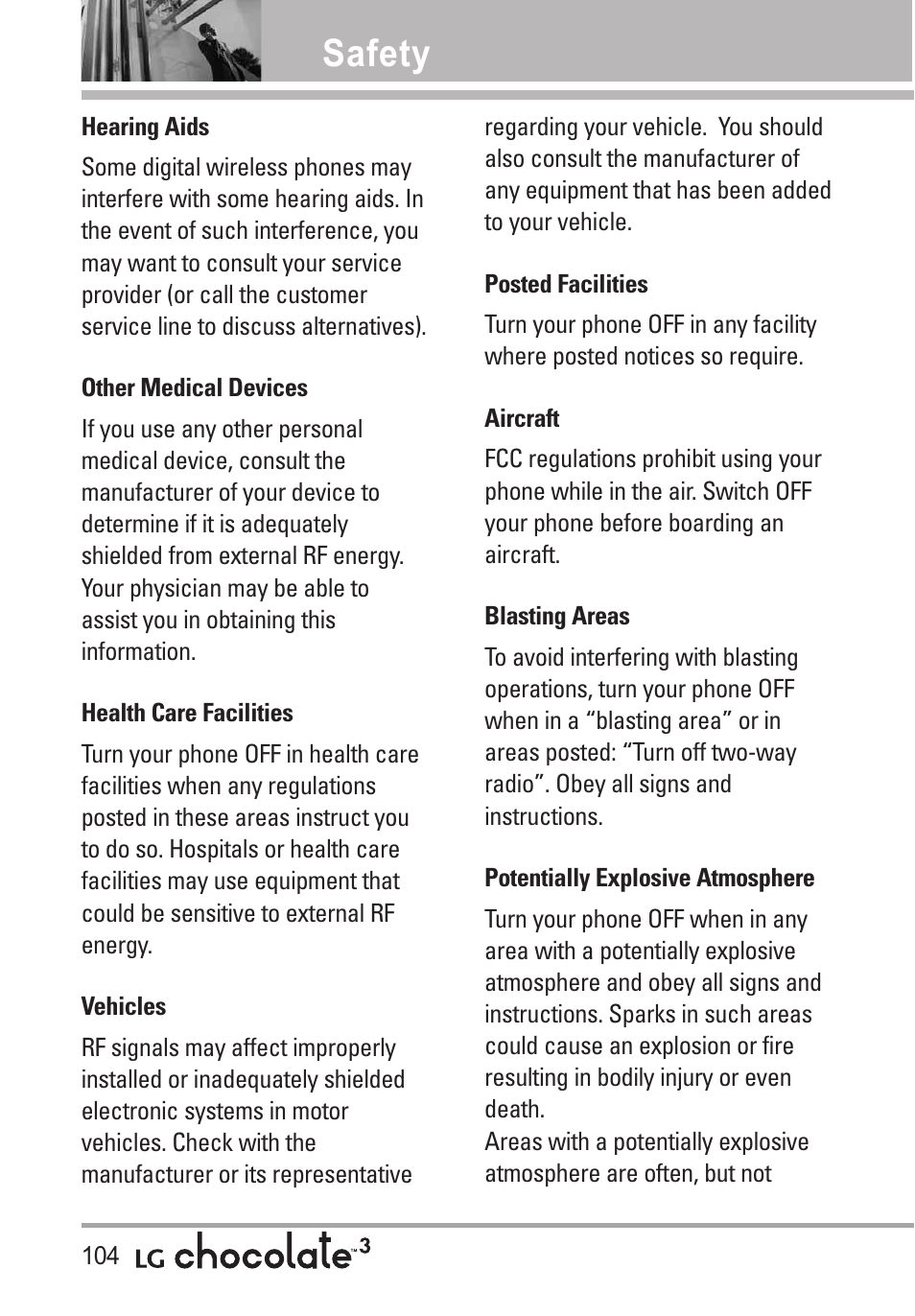 Hearing aids, Other medical devices, Health care facilities | Vehicles, Posted facilities, Aircraft, Blasting areas, Potentially explosive atmosp, Potentially explosive atmosphere104, Safety | LG Chocolate 3 User Manual | Page 106 / 288